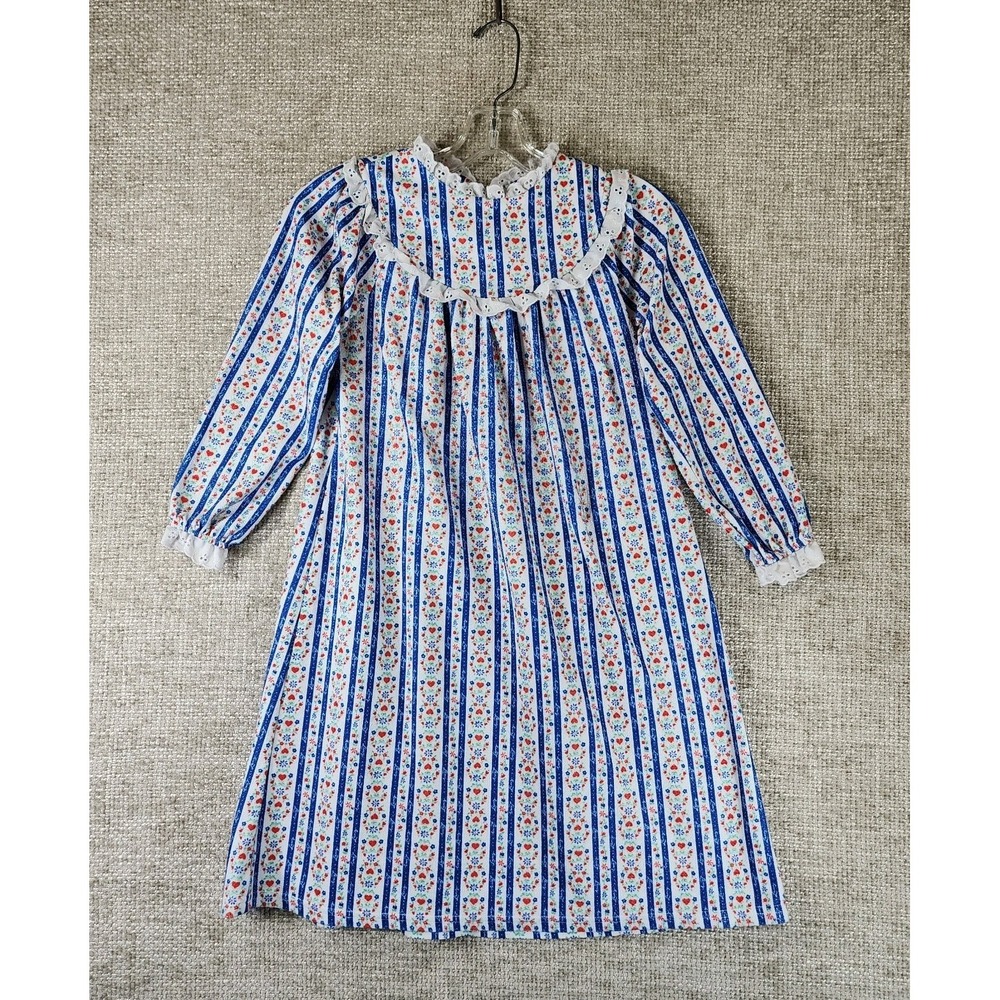 Lanz of Salzburg Blue Tyrolean Flannel Nightgown Girls 6 Stretch Soft Ruffle